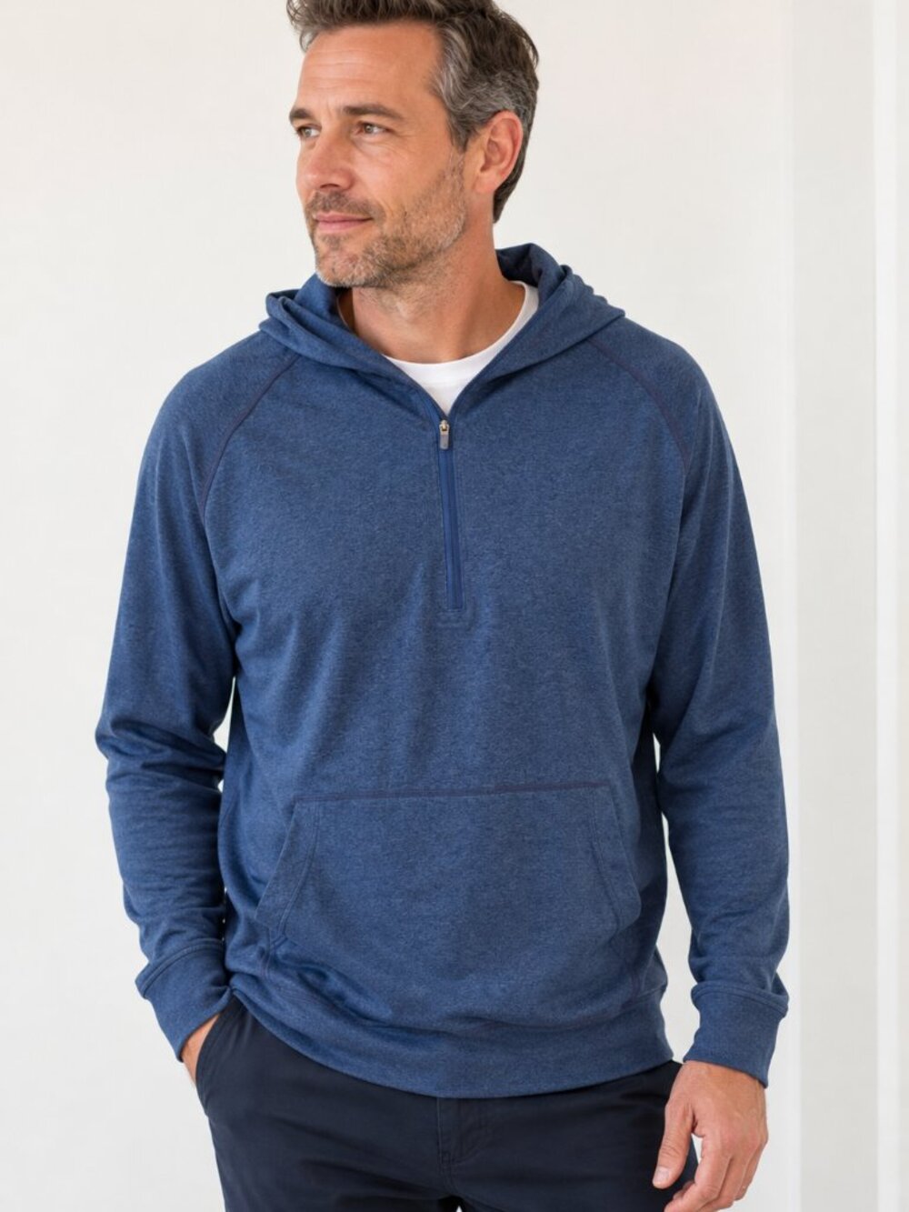 Quince Men's Performance Quarter Zip Hoodie Large Blue Athletic Pullover